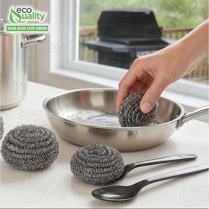 Stainless Steel Sponges Scourer, Steel Wool Scrubber, Scrubbing Scouring Pad for Pots, Pans and Ovens Great for Kitchen, Bathroom, Outdoors by EcoQuality (48)