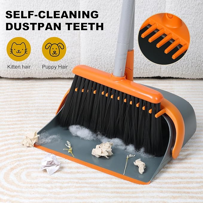 Broom and Dustpan Set with 54 Inch Long Handle - Perfect Dust Pan and Brush Combo for Home Efficient Cleaning (Orange and Grey)