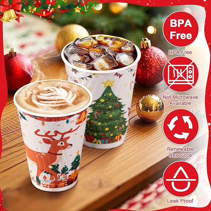 Lamosi Christmas Disposable Coffee Cups 12 OZ 100 Pack, Paper Coffee Cups 12 OZ for Hot Drinks or Cold Beverages, Insulated Corrugated Ripple Wall Cup No Lids for Office, Cafe, Home or Travel
