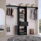 Black Storage Rack One Drawer Three Metal Rods Five Open Shelves for Home Organization