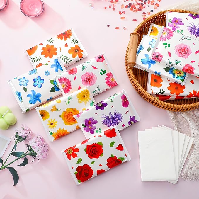 24 Packs Travel Size Tissue Pocket Slim Pack Facial 3 Ply Wallet Size Pocket Tissues for Travel Wedding Party Favors, 6 Styles(Colorful Flower)