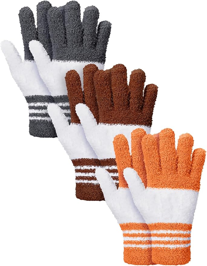 Patelai 3 Pairs Microfiber Plant Dusting Gloves Leaf Cleaning Gloves for Indoor Plants, Blinds, Furniture, House (Gray,Orange,Brown,Medium)