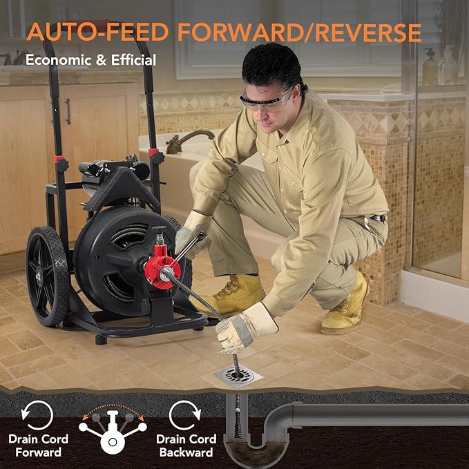 PIONEERWORKS 100Ft x 1/2 in Auto-feed Electric Drain Cleaner Machine 6.8A, Professional Drain Auger for 1” to 4” Pipes, with 6 Cutters, Glove, Drain Auger Cleaner Sewer Snake for Home/Business Use