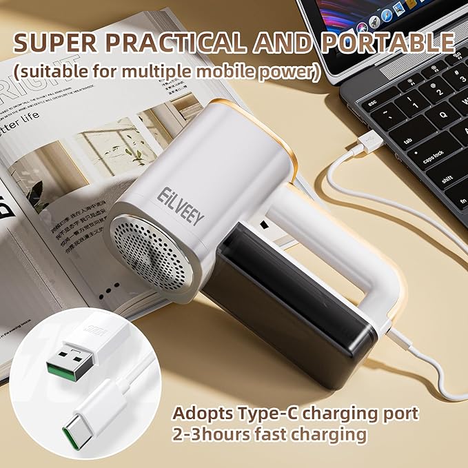 Rechargeable Lint Remover, Fabric Shaver Fuzz Remover, Sweater Shavers with 6-Leaf Blades, 3-Speeds Digital LED Display to Remove Pilling for Clothing and Furniture, Lint Ball, White