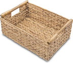 Large Rectangular Wicker Basket - Premium Water Hyacinth Storage Basket with Built-in Wooden Handles for Home Organization, Shelf Organizer, Decorative Natural Handwoven Basket 15.5x10.8x6.2"