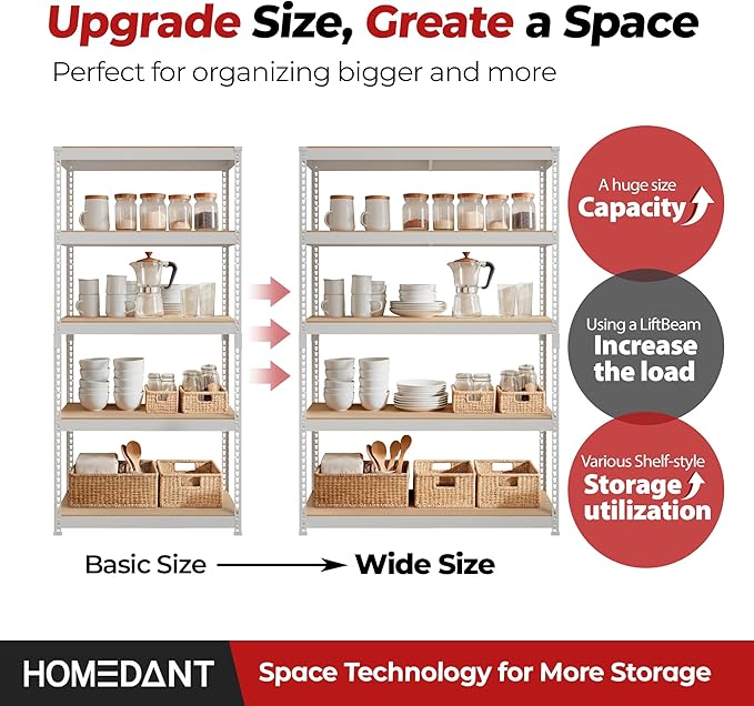 HOMEDANT 47.7" W 5 Tier Heavy Duty Garage Shelving Adjustable Metal Rack Storage Shelves Standing Shelf Unit Organizers Industrial Warehouse Basement White 1Pack