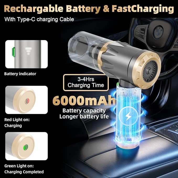 Car Vacuum Portable Cordless, 20000PA High Power Vacuum Cleaner, Brushless Motor, 3-Speed Modes, 4 in 1 Compressed Air Duster, Air Blower, Pump Handheld Vacuum for Car, Home, Office, Camping - Grey