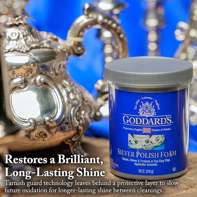 Goddard's Silver Polish Foam – Silver Jewelry Cleaner for Antiques, Accessories, Ornaments & More – Cleaner for Silverware Protection – Tarnish Remover for Jewelry w/Sponge Applicator (18 oz)