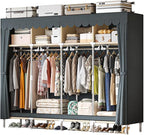 Large Portable Armoire Wardrobe Closet with 4 Hanging Rods and Lockers,Metal Storage Wardrobe Clothes Rack with Dust Cover for Clothes,16.7 in Wide,Bedroom,Gray (Grey, 77.5 in)