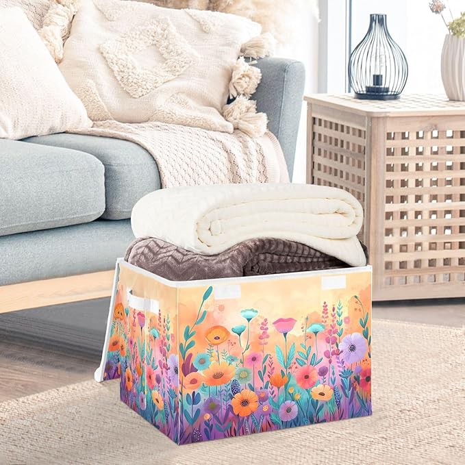 senya Large Storage Bins with Linen Collapsible Foldable Storage Cubes Fabric Closet Organizer Containers box with Flip-Top Lid for Home Bedroom Office 16.7 x 12.6 x 11.8in (Wildflowers Colorful)