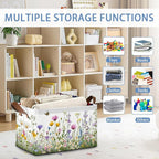 Wildflowers Butterfly Storage Baskets,Garden Herb Flower Foldable Large Capacity Organizer Bins with Waterproof Lining and Leather Handles for Closet,Shelf,Bedroom 17x11.5x10Inch