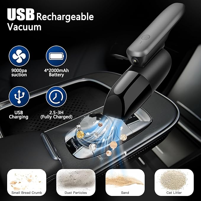 Handheld Vacuum Cordless Rechargeable -Vacuum, Blow, Pump 3 in 1 Portable Car Vacuum Cleaner Lightweight, Fast Charge