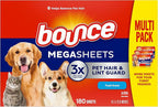 Bounce Pet Hair and Lint Guard Mega Dryer Sheets with 3X Pet Hair Fighters, Fresh Scent, 180 Count