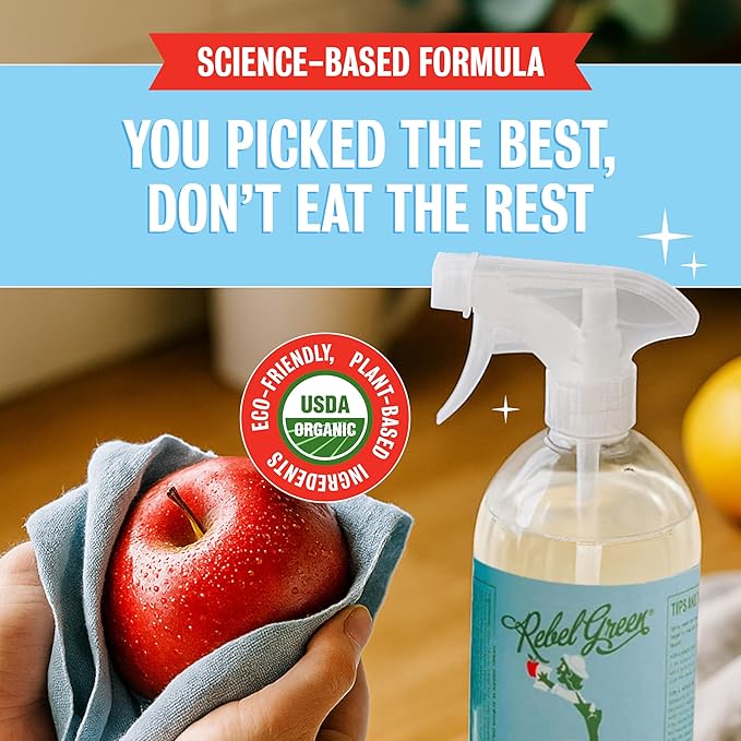 Rebel Green Fruit & Veggie Clean - Plant-Based Produce Cleaner - Natural Fruit and Vegetable Wash with No Aftertaste - Chemical & Wax Removal - Made with Organic Extracts of Citrus - 2 Pack 16 FL OZ