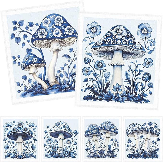 Blue Mushroom Swedish Dishcloths for Kitchen - 6PCS Mushroom Swedish Cloths for Washing Dishes, Reusable Dish Towels Gift for Home Party Cleaning, Funny Washable Cleaning Sponge Quick Drying