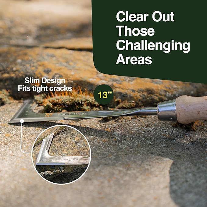 Rocklin™ Crack Weeder – 13" Stainless Steel Manual Crevice Weeding Tool with Beech Wood Handle – L-Shaped Blade for Sidewalk, Patio, and Garden Weed Removal