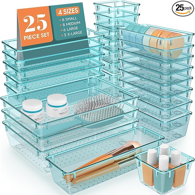 StorMiracle 25 PCS Drawer Organizer Set, 4 Varied Size Bathroom and kitchen Drawer cabinet organizer Trays, Clear Storage Bins for Makeup, Jewelry, Utensils and Gadgets