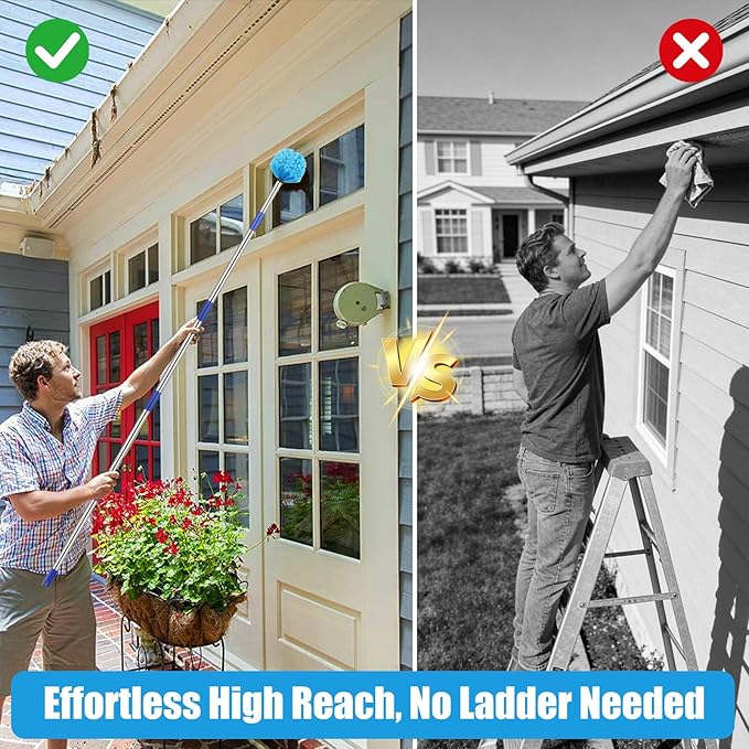 Cobweb Duster with Extension Pole - 8 FT Lightweight Stainless Steel Extendable Duster Ceiling Fan Duster for High Ceilings, Medium Stiff PET Bristle Spider Web Brush for Indoor/Outdoor Cleaning