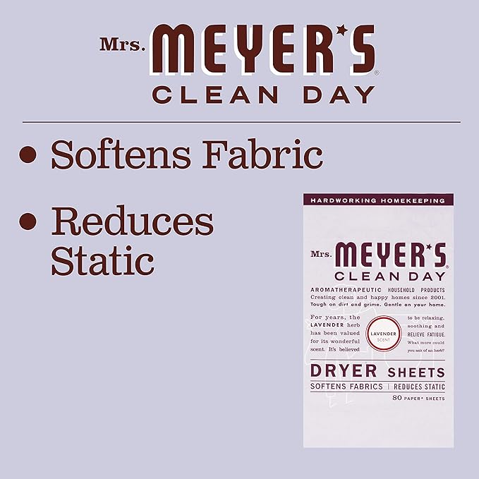 MRS. MEYER'S CLEAN DAY Dryer Sheets, Fabric Softener, Reduces Static, Infused with Essential Oils, Lavender, 80 Count