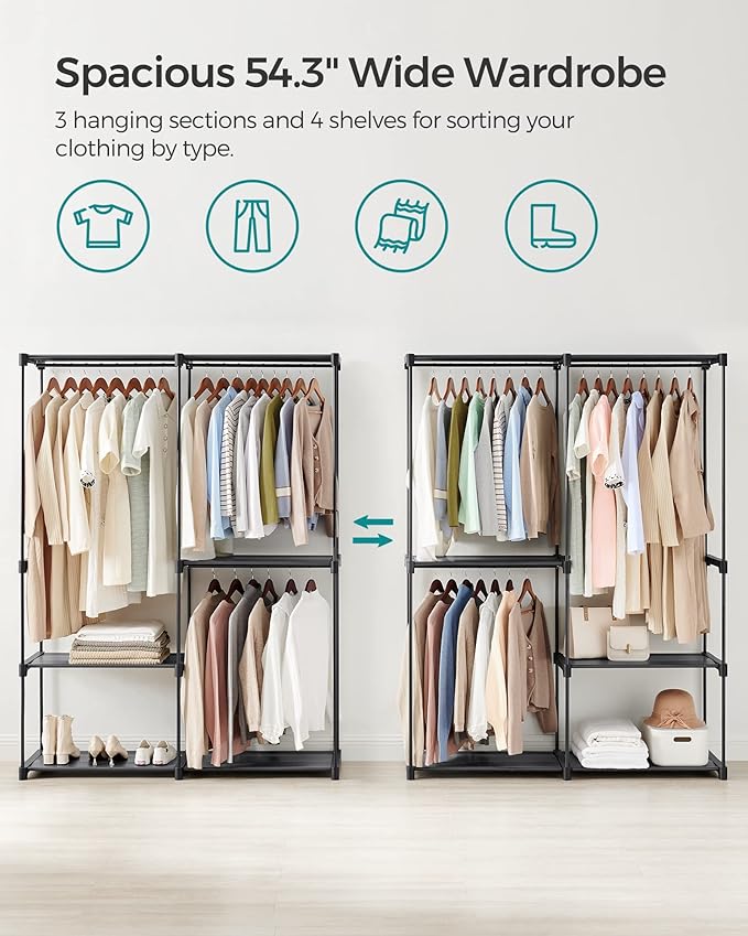 SONGMICS Portable Closet, Freestanding Closet Organizer, Clothes Rack with Shelves, Hanging Rods, Storage Organizer, for Cloakroom, Bedroom, 54.3 x 16.9 x 71.7 Inches, Black URYG025B02
