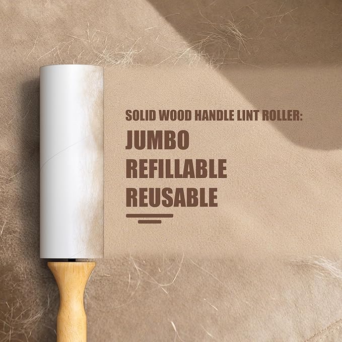 Lint Roller with Wooden Handle- 6.3 Inch Refills, 4 Rolls x 100 Sheets with Adjustable Tool | Pet Hair Remover for Furniture, Clothing | Ergonomic Grip, Durable Design