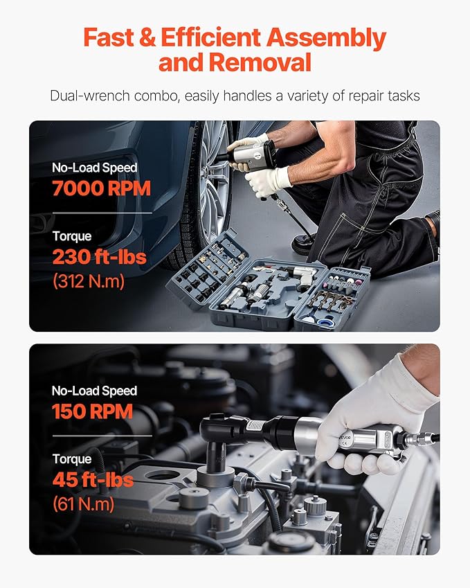 VEVOR 1/2" Air Impact Wrench & 3/8" Ratchet Wrench Combo, 19 Pieces Pro Air Tool and Accessories Kit - Includes 10PCS CR-V Steel Impact Socket Set & Carrying Case for Auto Repair, Home DIY Projects