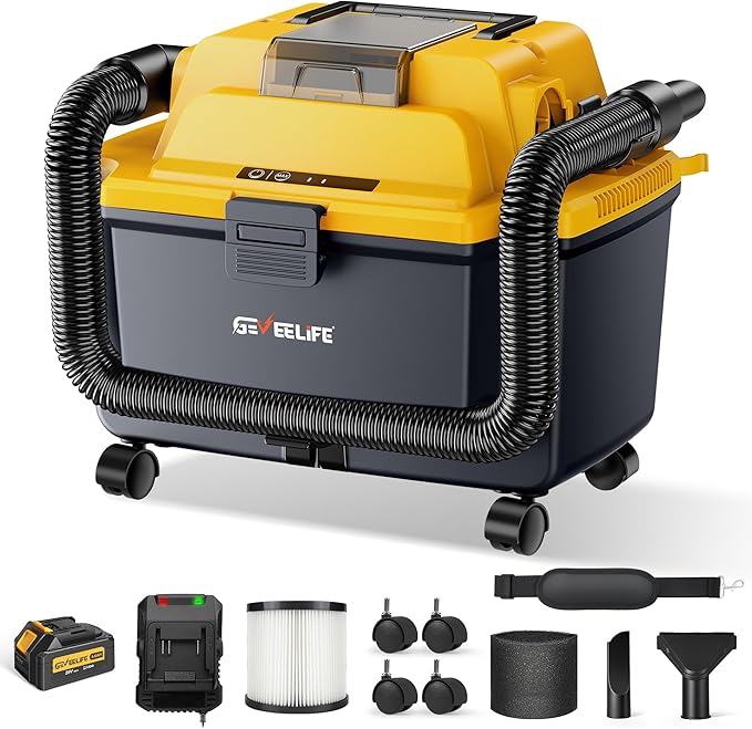 GEVEELIFE Cordless Shop Vac Wet and Dry, 4.3 Gallon Shop Vac with 5.0Ah Battery Powered, Fast Charger, HEPA Filter, Strap & Wheels, 3-in-1 Wet Dry Vacuum Cleaner for Garage, Car, Workshop
