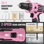 WORKPRO Pink Tool Set with Power Drill, 108PCS Portable Ladies Pink Drill Kit for Home with Toolbox and Pink Hammer, 1.5 Ah Cordless Drills with Keyless Chuck and Variable Speed Trigger - Pink Ribbon