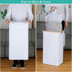 iEGrow 110L Laundry Hamper with Lid，Dirty Clothes Hampers for Laundry,Laundry Basket with Bamboo Handles and Removable Bag,Hamper for Bedroom, Bathroom, Dorm, Laundry Room, White