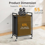Laundry Hamper with Shelf, Laundry Basket with 1 Large Pull-Out Removable Bags, 1 x 18.3 Gallons(69L), Metal Frame, Lockable Wheels, for Laundry Room and Bedroom
