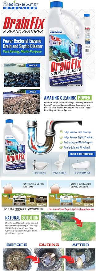 DrainFix & Septic Restorer – 32 oz Enzyme Septic Tank Treatment & Drainfield Restoration – Organic Drain Cleaner for Sewer Lines, RV & Home Plumbing – Safe for Pipes & Septic Systems
