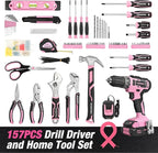 WORKPRO Pink Tool Kit with Drill, Tool Set with 20V Cordless Lithium-ion Drill Driver, Pink Drill Set for Women, 157PCS Home Tool Kit, Lady's Repairing Kit with 14-Inch Storage Bag - Pink Ribbon