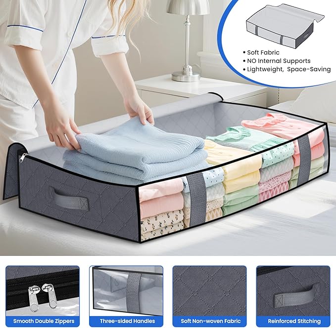 TasticTotes Under Bed Storage Containers, 8 Pack Blanket Storage Bags, Collapsible Storage Bags with Big Zippers, Clear Front, Shoe Storage and Organization for Clothes, Comforter, 90L, Grey