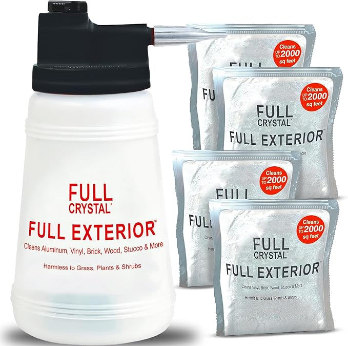 Full Exterior Kit - Bottle, Lid with Hose Attachment and 16oz (4 x 4oz). Crystal Powder Outdoor Cleaner : Non-Toxic, No Scrub, No Rinse Cleaning Kit - Shipped Product Packaging May Vary