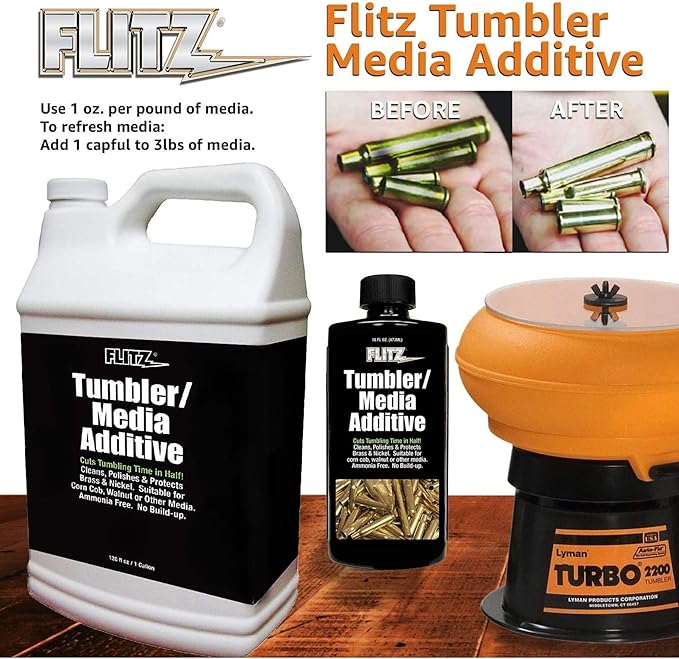 Flitz Tumbler Media Additive - 16oz Bottle of USA-Made Brass Cleaner Reloading Liquid for Ammo, Copper, & All Metals - Ammonia-Free Tumbling Polish to Remove Oxidation, Powder Residue (6 Pack)