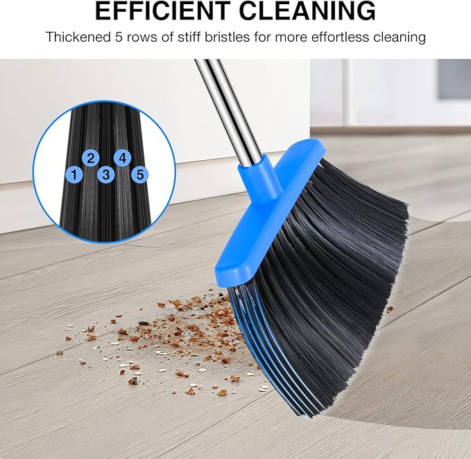 NACENA Broom and Dustpan Set, 52-in Long Adjustable Handle Broom Dustpan Combo with Dustpan Teeth to Automatically Clean Hair Suitable for Home Kitchen Office Hall Floor（Black&Blue）