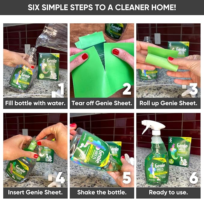Genie Sheets All Purpose, Glass and Bathroom Cleaners Combo Pack | Concentrate Makes 6 24oz Refills with Spray Bottles | Just Add Water | Eco-Friendly Plant-Based | 6 Sheets