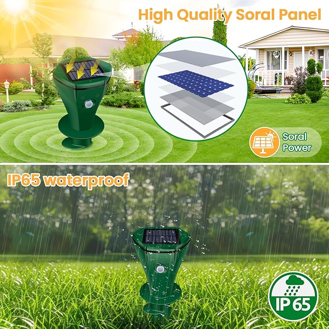 Solar Mole Repellent Ultrasonic, Vole Repeller with 3 Modes & IP65 Waterproof, Gopher & Snake Repellent for Lawn Garden Yard, 5000 SqFt Coverage for Moles Gophers Voles Snakes Groundhogs, 4 Pack