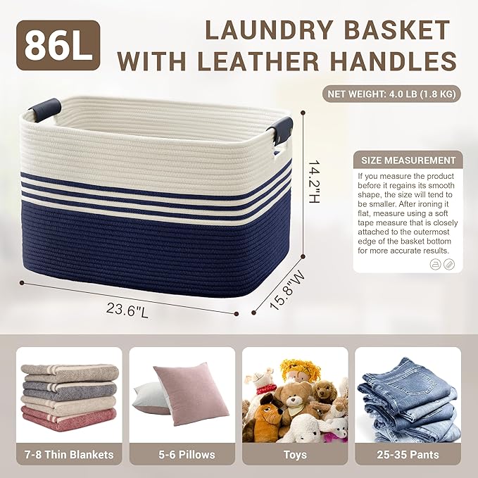86L Extra Large Laundry Basket with Leather Handles for Living Room Storage, Woven Rope Baskets for Blanket, Kids Toy, Gifts, Wicker Hamper for Bedroom Dirty Clothes, 24"x16"x14" White Navy