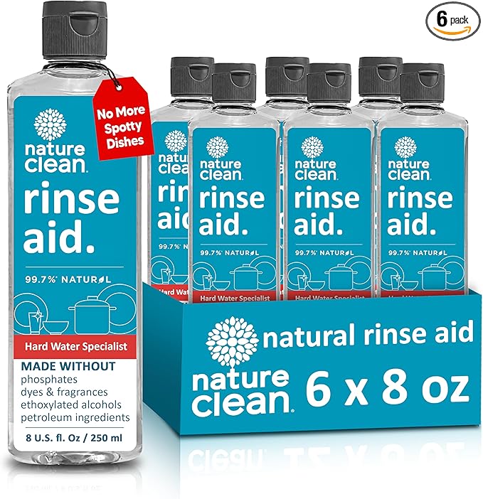 Nature Clean Dishwasher Rinse Aid Liquid, Non Toxic Natural Formula, Spot Free Shine for Glasses & Dishes, Hard Water Stain Remover, Dishwasher Drying Agent, 8 oz/250 ml Pack of 6