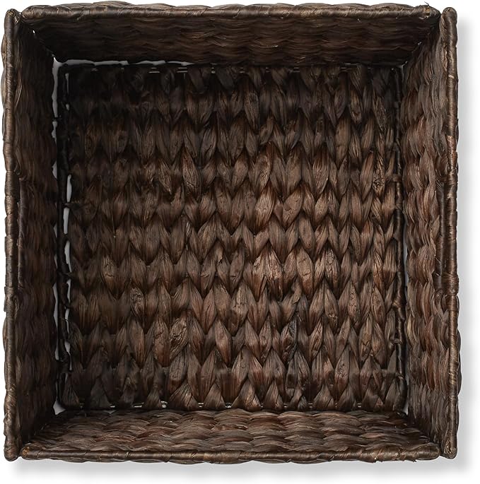 Casafield 12" x 12" Water Hyacinth Storage Baskets, Espresso - Set of 2 Collapsible Cube Organizers, Woven Bins for Bathroom, Bedroom, Laundry, Pantry, Shelves