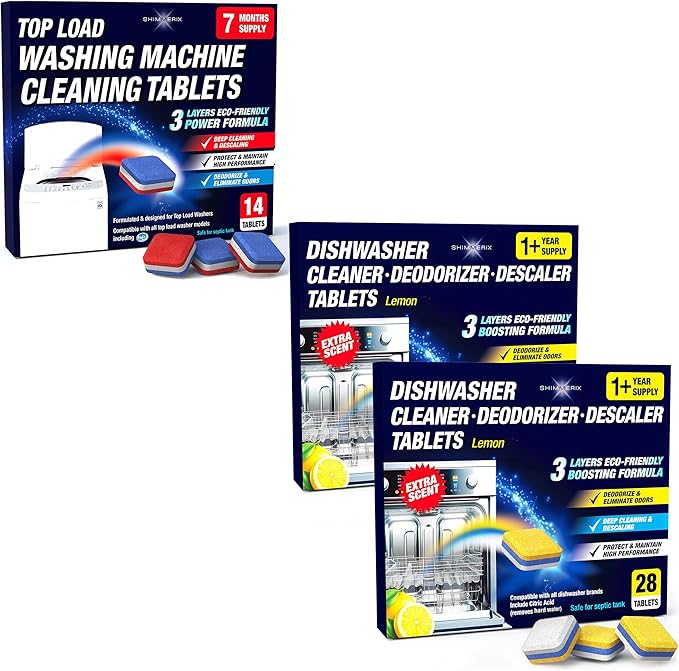 Washing Machine Cleaner Tablets Top Load 28 Pack & Dishwasher Cleaner Deodorizer Descaler Tablets 56 Pack Bundle - 2 Plus Year Supply - Septic Safe Eco Friendly Formula