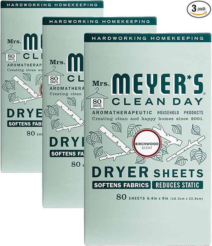 MRS. MEYER'S CLEAN DAY Dryer Sheets, Fabric Softener, Reduces Static, Infused with Essential Oils, Birchwood, 80 Count (Pack of 3)