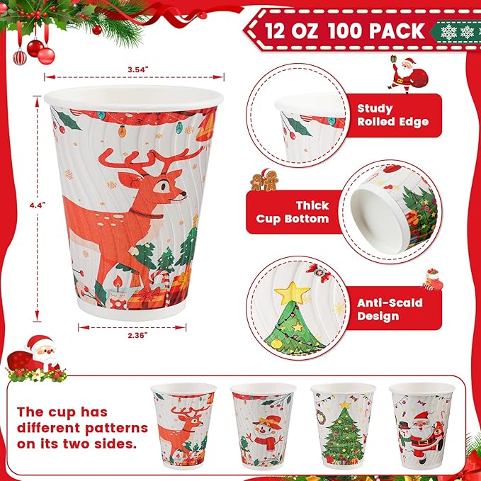 Lamosi Christmas Disposable Coffee Cups 12 OZ 100 Pack, Paper Coffee Cups 12 OZ for Hot Drinks or Cold Beverages, Insulated Corrugated Ripple Wall Cup No Lids for Office, Cafe, Home or Travel