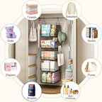 Capacity Upgrade Edition Deeper 4'' 5 Tier Foldable Hanging Closet Organizer and Storage，Wire Cabinet Shelves and Rack with 5 S Hooks,Stackable Metal Basket Bins for Clothes Shoe Purse,Black