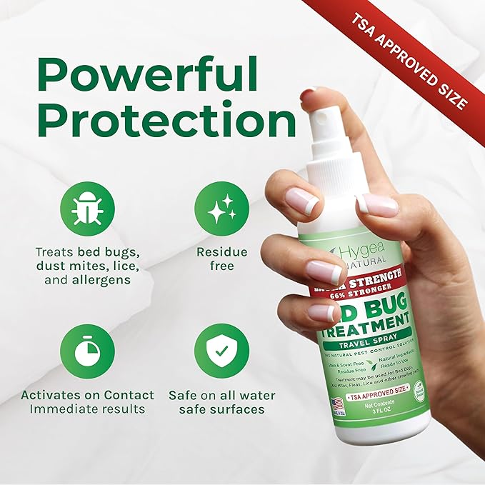 Hygea Natural Extra Strength Bed Bug & Mite Natural Travel Spray - TSA Approved 3 oz Size - Child & Pet Friendly - Stain & Odor Free - for Hotel, Suitcase, Backpack - 66% Stronger Formula (3 pack)