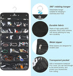 Freegrace Hanging Jewelry Organizer with Secure Zipper Closure - 360° Revolving Hanger, 25 Clear Pockets, 23 Necklace Hooks - Foldable Travel Storage & Closet Display (Black)
