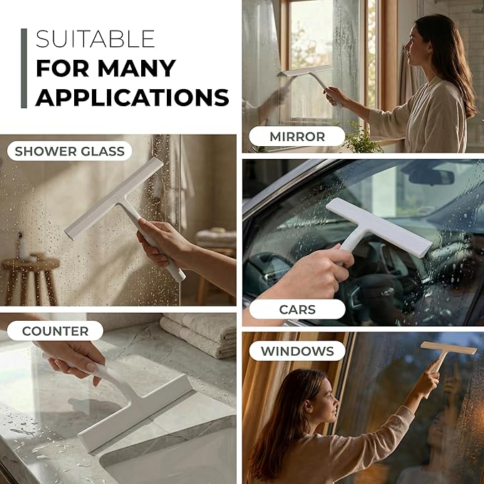 GÜTEWERK Silicone Shower Squeegee for Glass Doors & Mirrors with Stainless Steel Core, Streak-Free & No-Squeak Window Cleaning, 3-in-1 No-Drill Mount (Hook/Suction/Adhesive),White, 11 Inches