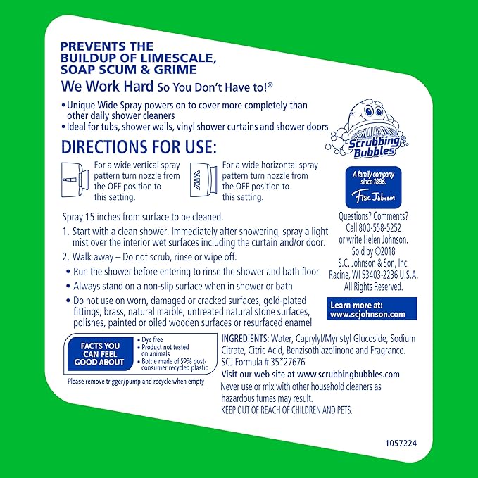 Scrubbing Bubbles Daily Shower and Cleaner Spray, Removes Mildew, Mold, and Soap Scum on Showers, Bathroom Floors & Tiles, Rainshower Scent, 32oz