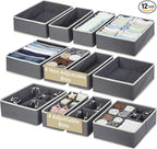 DECOMOMO Drawer Organizer for Baby – Clothes Organizer & Storage Dividers for Nursery, Storage Bins for Underwear, Bra, Socks, Diapers & Newborn Essentials (Grey, 12pcs)